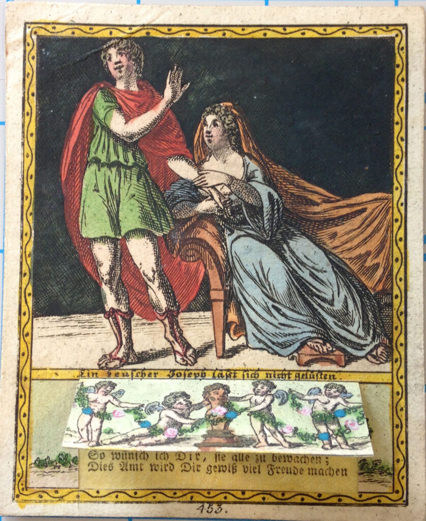 The couple in question both wear heavily draped clothing, the man with a cape and the woman with a veil cascading down her back from the top of her head. The woman sits in a chaise grasping the man's hand as he stands looking away from her, blocking her gaze with his other hand. The flap at the bottom over a message features four cherubs dressed in ivy surrounding a female bust.