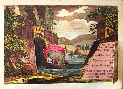 The message is in German. The figure in the boat is coming out of a tunnel, has wings and is wearing a toga. There is a lush tree in the foreground and the background has a rounded structure with pillars across the lake.