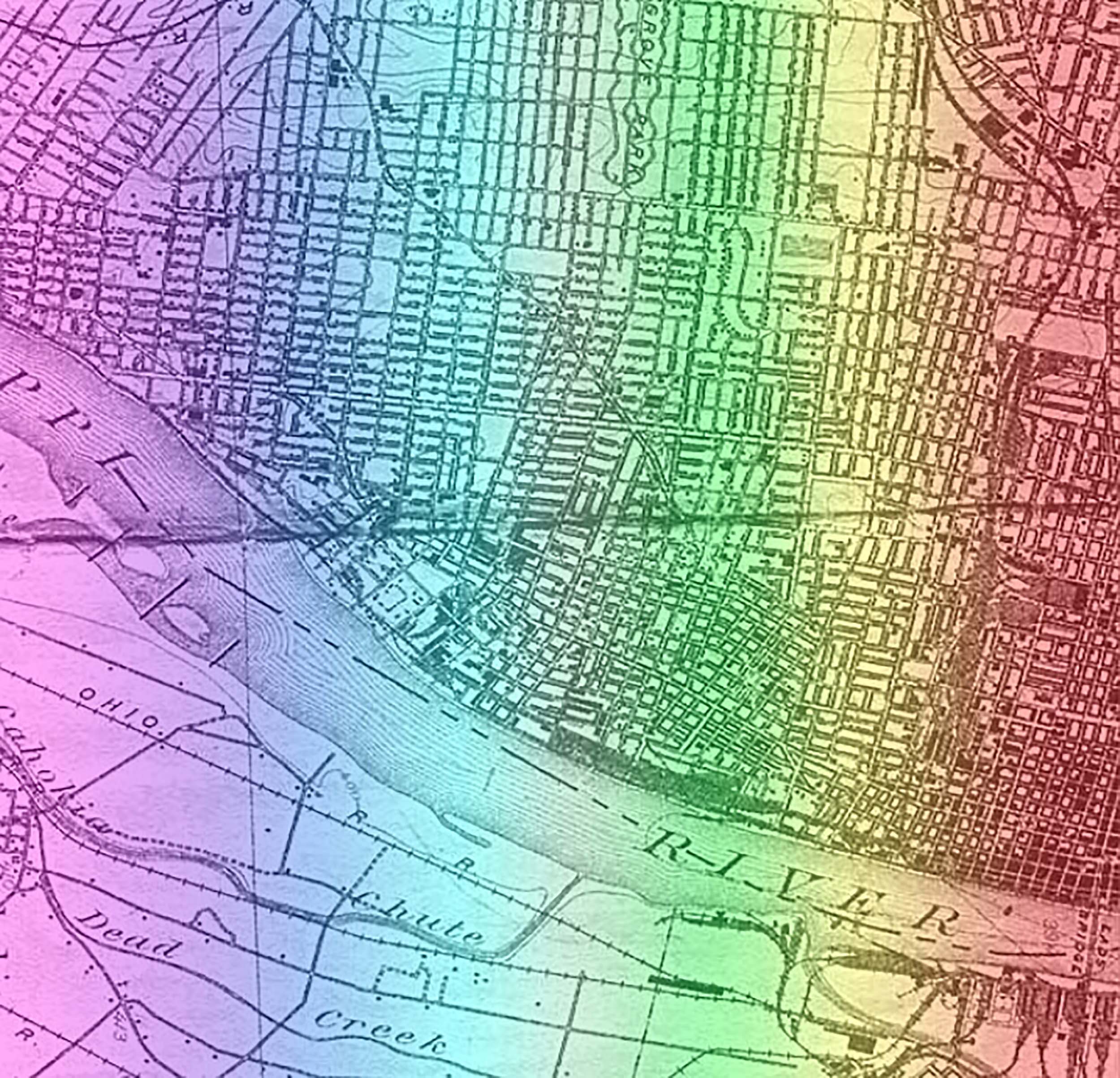 A map of St. Louis with the rainbow flag superimposed.