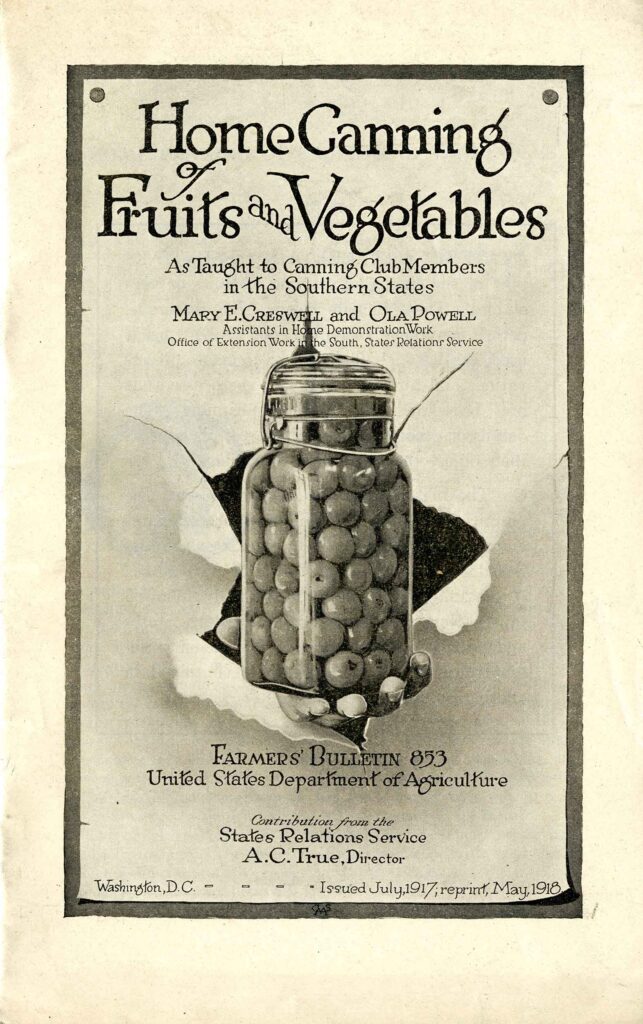 The pamphlet has a jar overflowing with olives and reads "Home Canning of Fruits and Vegetables as taught to Canning Club Members in the Southern States."