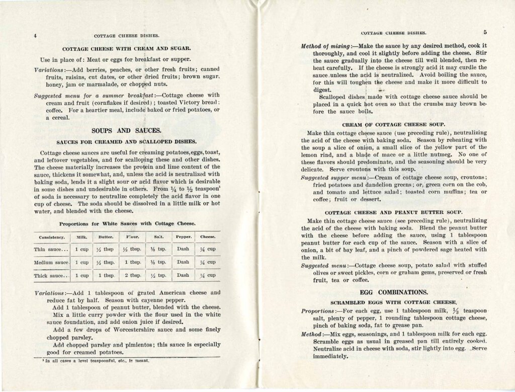 Two pages of Cottage Cheese Dishes that focus on soups and sauces and gives options for making the recipes for thin, medium, and thick sauces.