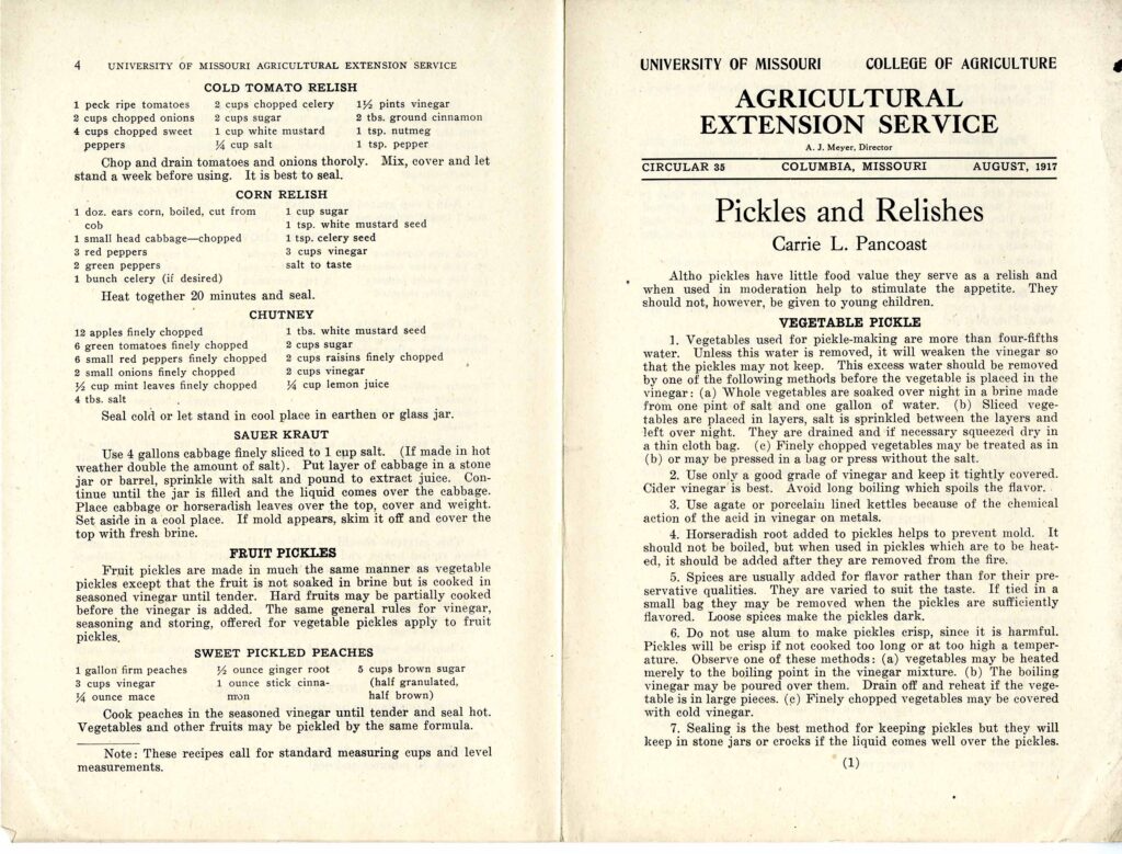 A two-page pamphlet titled "Agricultural Extension Service" which specifies Pickles and Relishes.