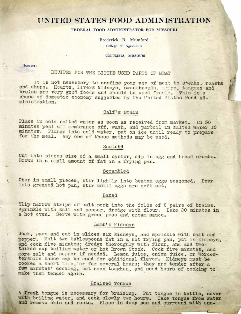 The pamphlet covers "Recipes for the Little Used Parts of Meat" and details six recipes.