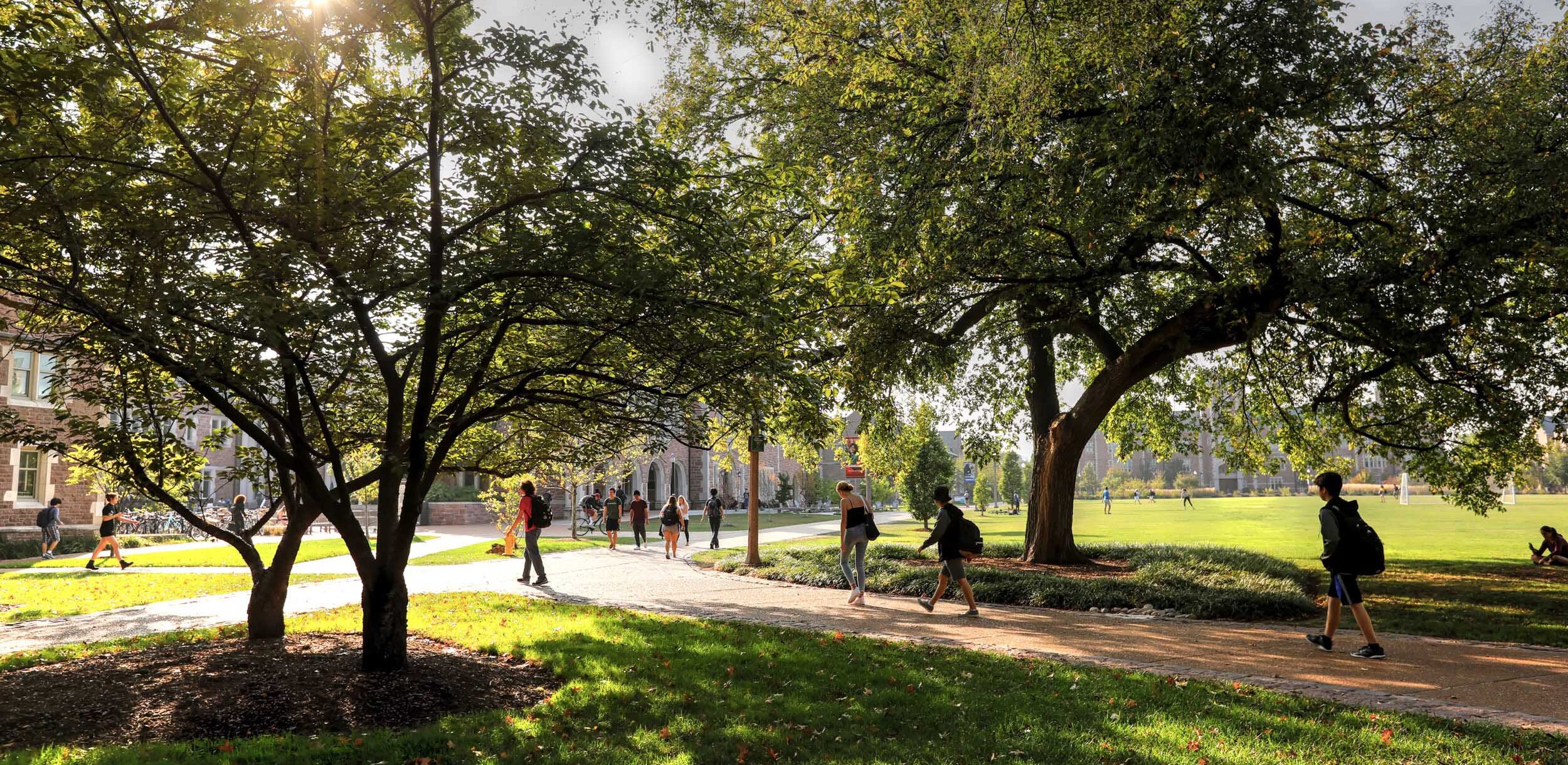 Students walking across the Danforth Campus.