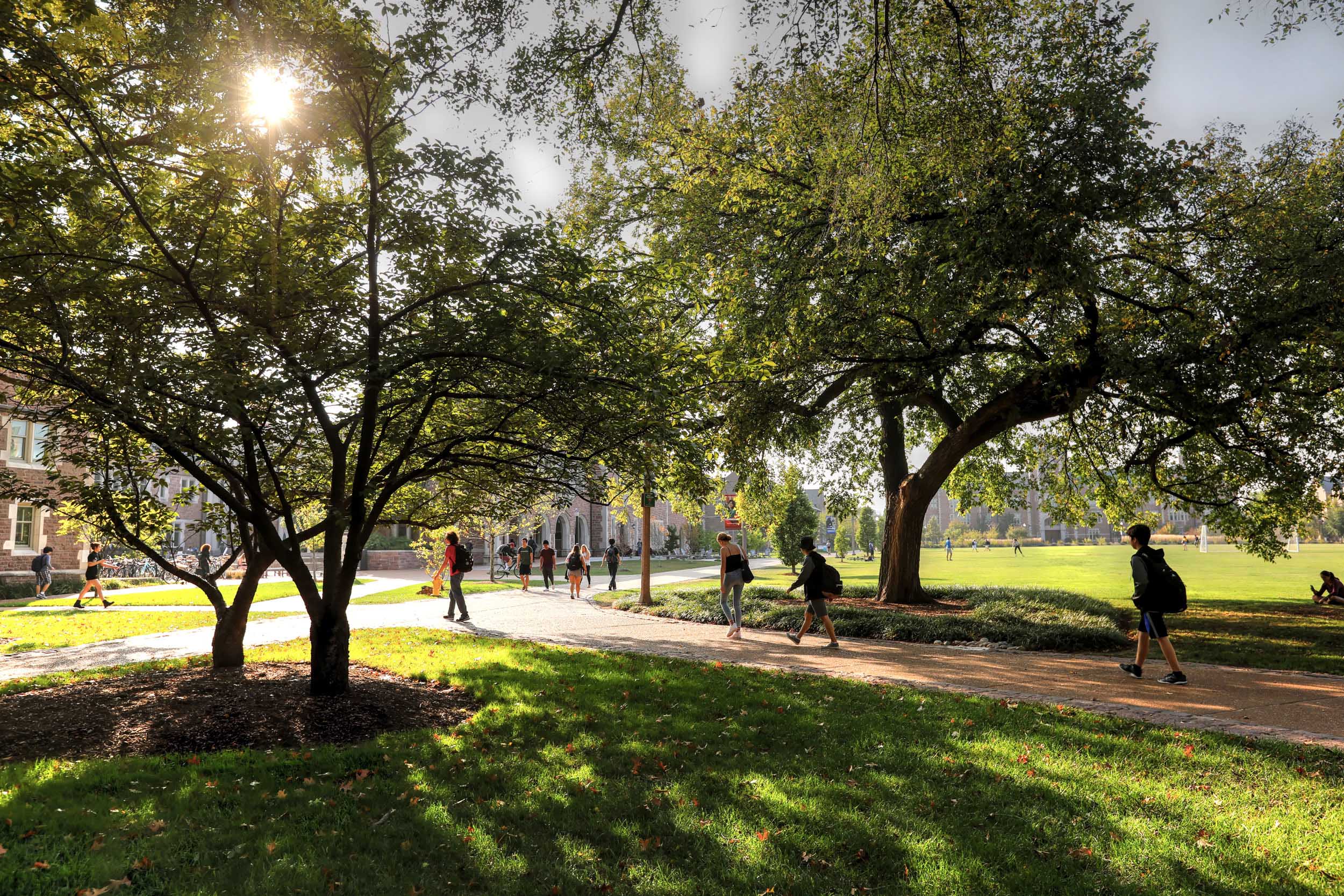 Students walking across the Danforth Campus.