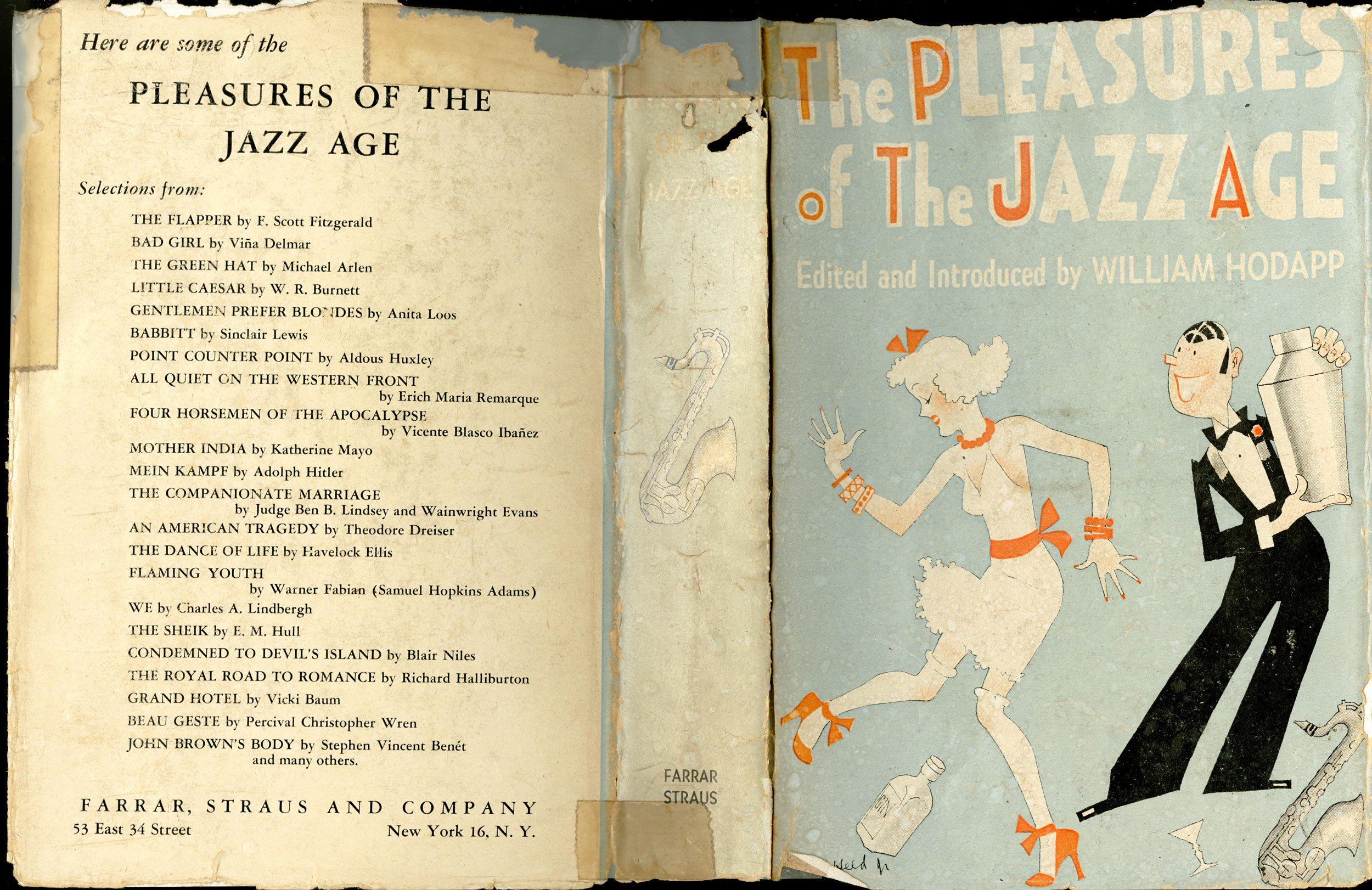 Book Jacket by John Held Jr. for The Pleasures of the Jazz Age which presents a compilation of literature set or written during the Jazz Age. The cover art depicts a flapper dancing alongside a bartender holding a cocktail shaker.