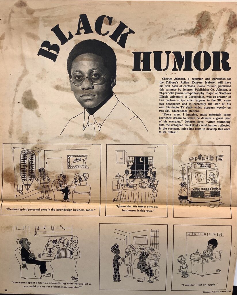 The page has a photo of a 21-year old Charles Johnson alongside a short biography with six panels of Johnson's cartoons underneath.