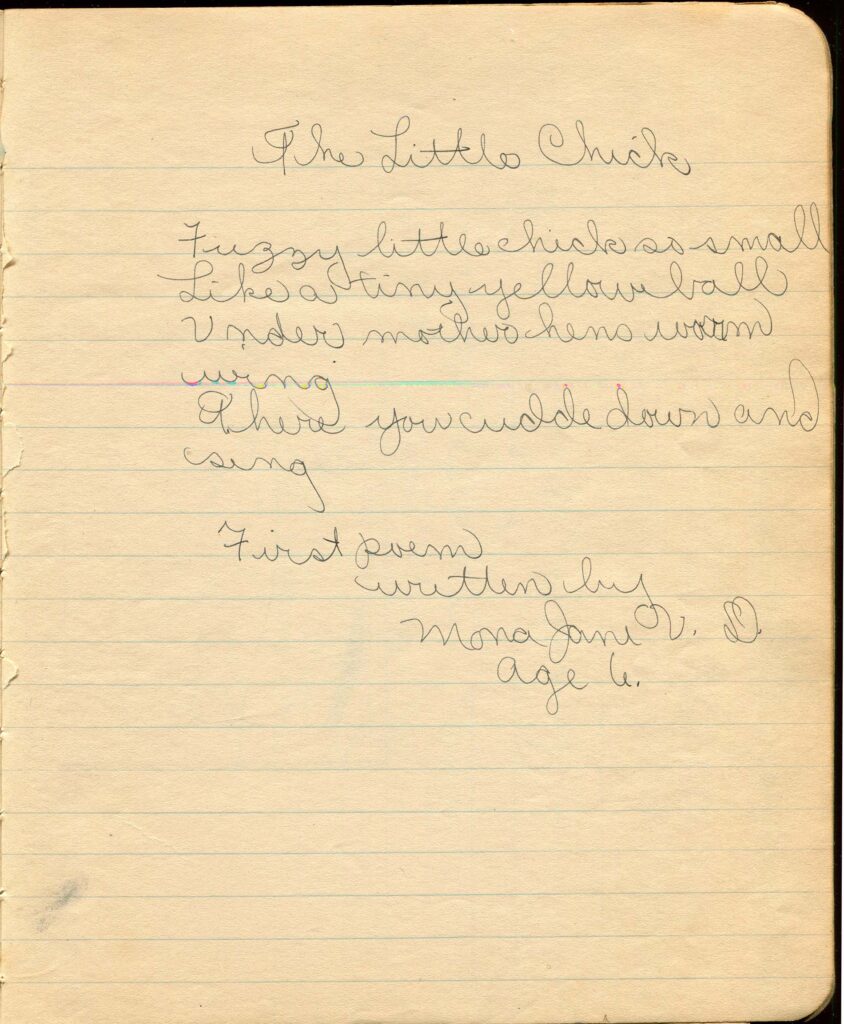 A handwritten poem by Mona Van Duyn. The poem is titled "The Little Chick."