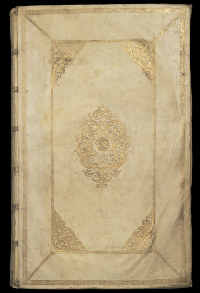 The cover of the WashU Library's copy of the Atlas Maior by Joan Bleau. The cover is pale with intricate gold leaf decorations.