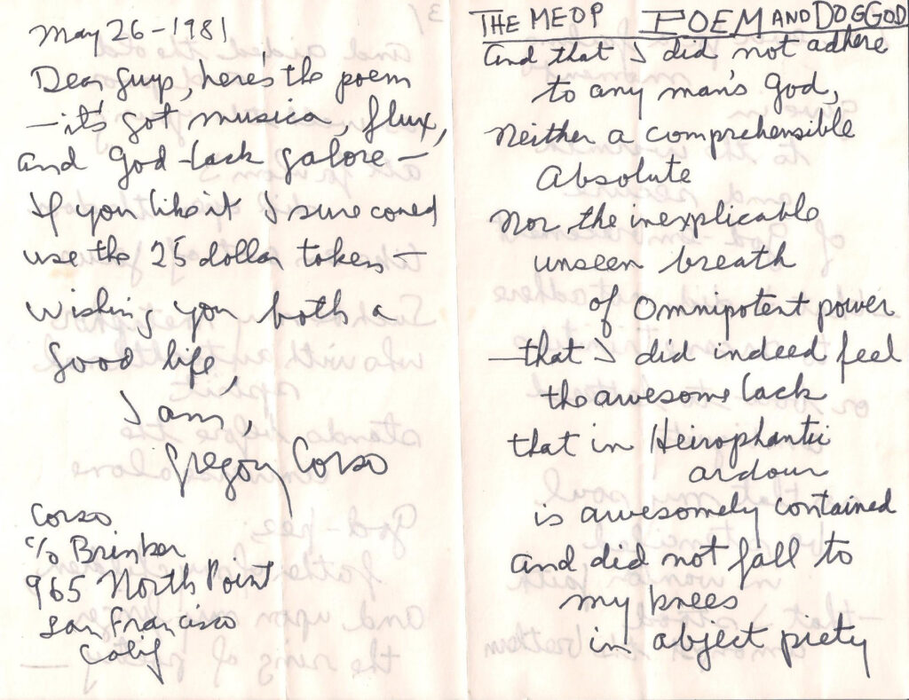 A hand-written submission letter and poem by Gregory Corso dated 26 May 1981. The poem submitted is titled "The Meop: Poem and Doggod."