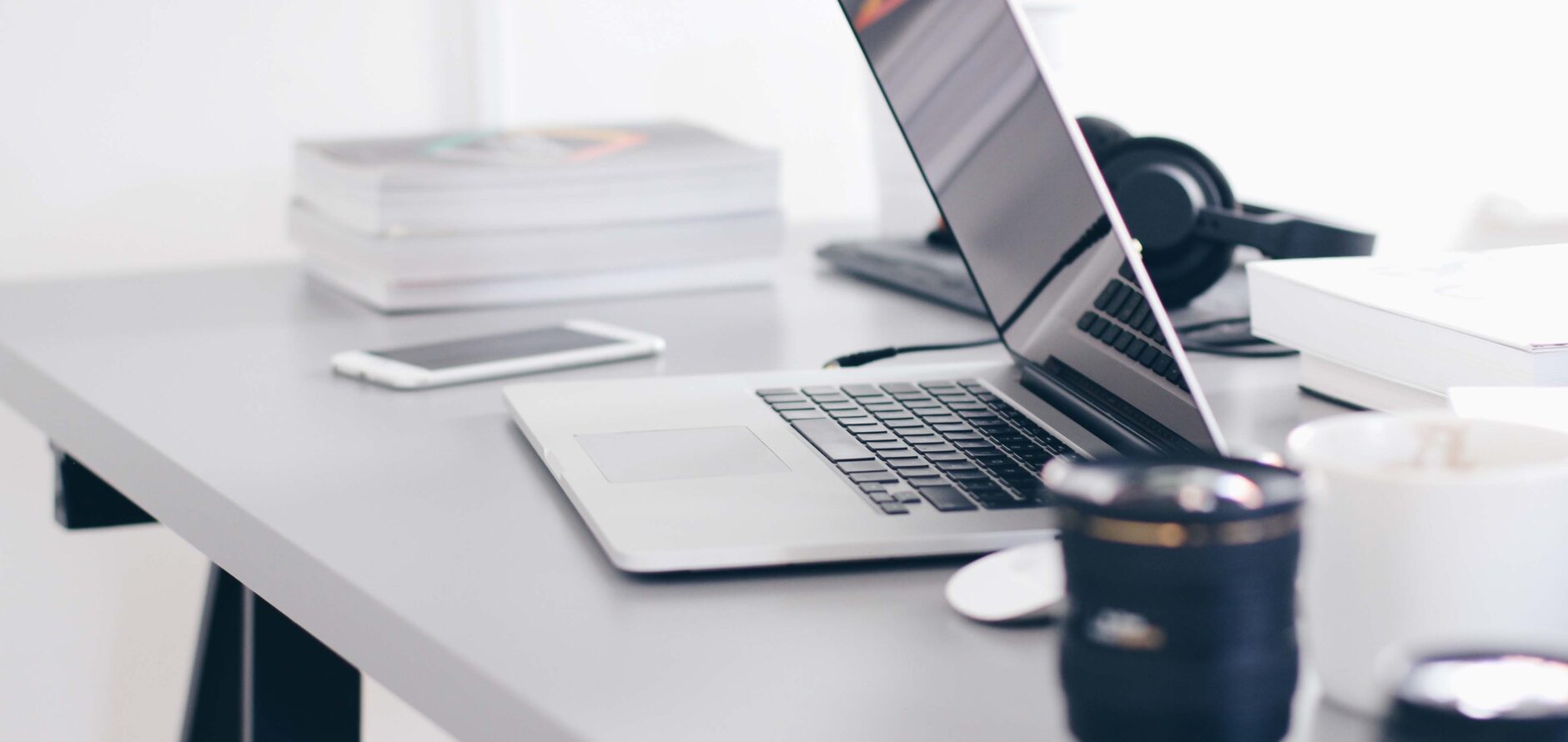 An open laptop on a desk.