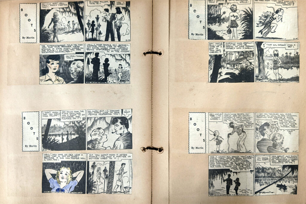 An open scrapbook with clippings from four four-panel "Boots" comics cut and pasted on the two pages.