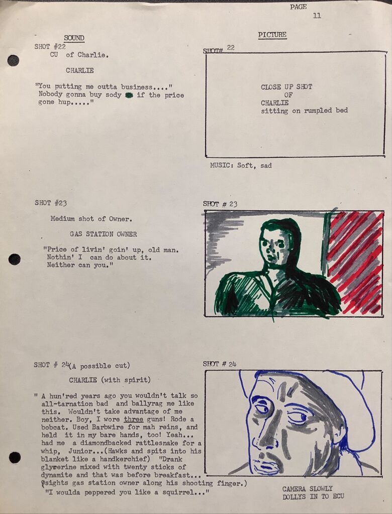 Storyboard draft with typed lines on the left and boxes for scene illustrations on the right.