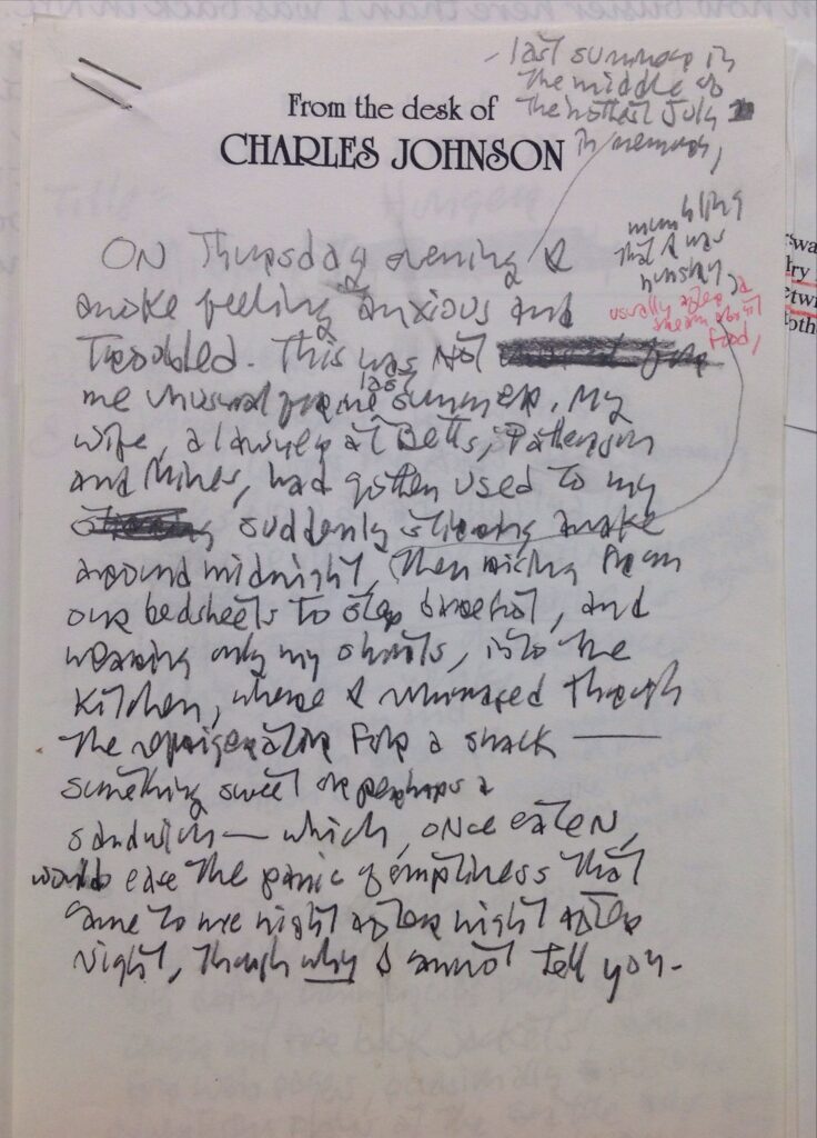 Hand written notes with annotations on a notepad embossed with the declaration "From the desk of Charles Johnson." The note begins "On Thursday evening I awoke feeling anxious and troubled."