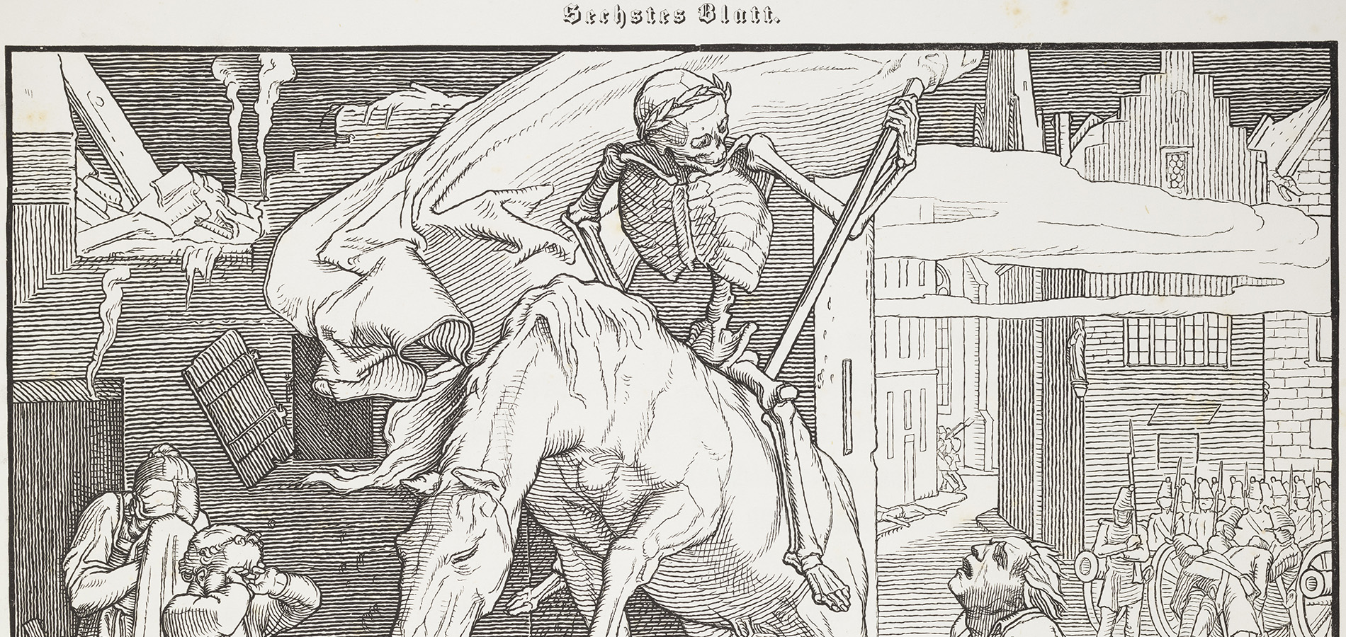 The header image shown here is from pate 6 of Alfred Rethel’s Auch ein Todtentanz. A skeleton - Death - rides through a weeping, decimated down on an exhausted horse.