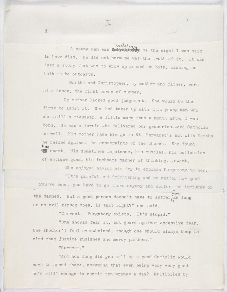 A full, typed draft page that is the first page of a draft of Harrow. There are some lines and corrections made in pencil on the page.