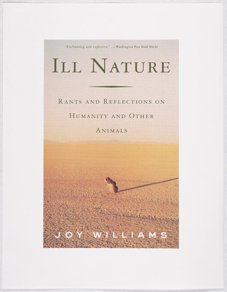 This alternative book cover has a fish in the middle of an empty desert. The title reads Ill Nature: Rants and Reflections on Humanity and Other Animals.