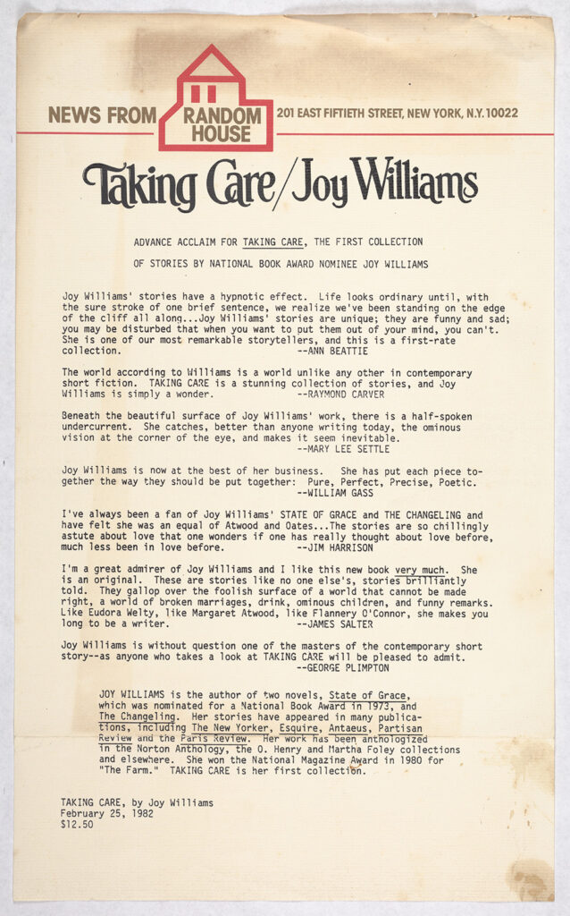 This internal news bulletin from Random House has an official header and is a typed document announcing Joy Williams's Taking Care with a light synopsis of the collection's tone.