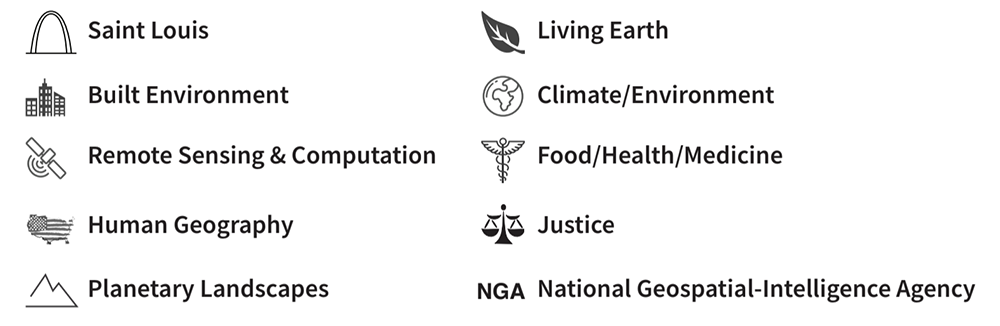 Geospatial research themes at WashU include: Saint Louis, Built Environment, Remote Sensing & Computation, Human Geography, Planetary landscapes, Living Earth, Climate/Environment, Food/Health/Medicine, Justice, and National Geospatial-Intelligence Agency (NGA).