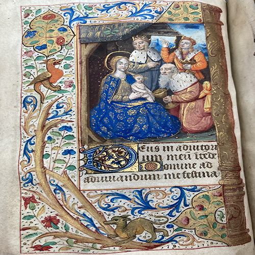 Image card for the The Purpose and Meaning Behind Grotesques in Medieval Europe 5th-15th Century exhibition. Image is of a page from an illustrated manuscript depicting Mary with the infant Jesus meeting the three wise men.