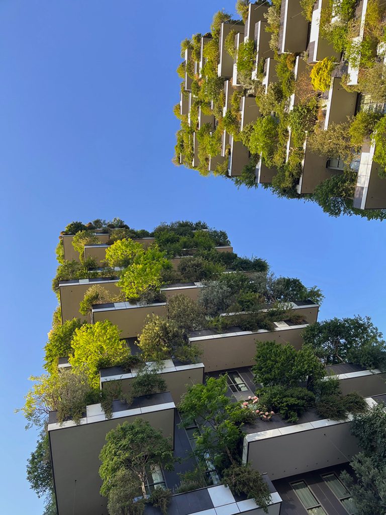 Tall towers with tress in balconies