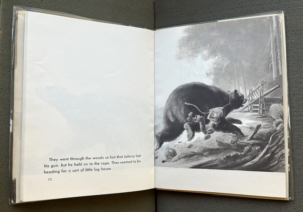 Inside page showing a black and white drawing of a large bear with a rope around its neck and a boy hold on to the rope.