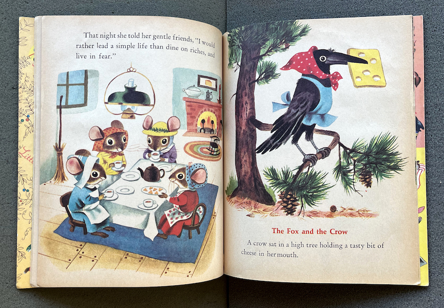 Two inside pages full of drawings of four mice dining and a crow with cheese sitting on a tree branch