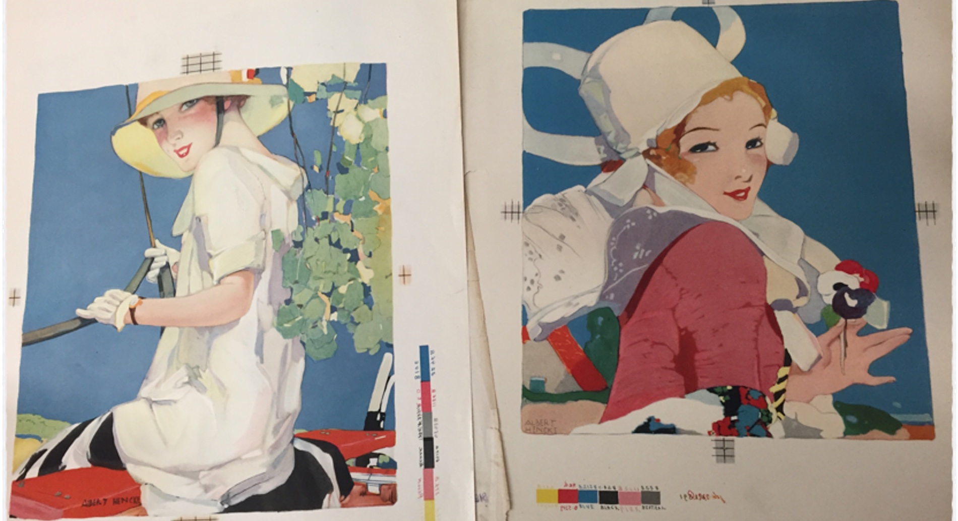 Inside pages with two paintings of women in color on each page.