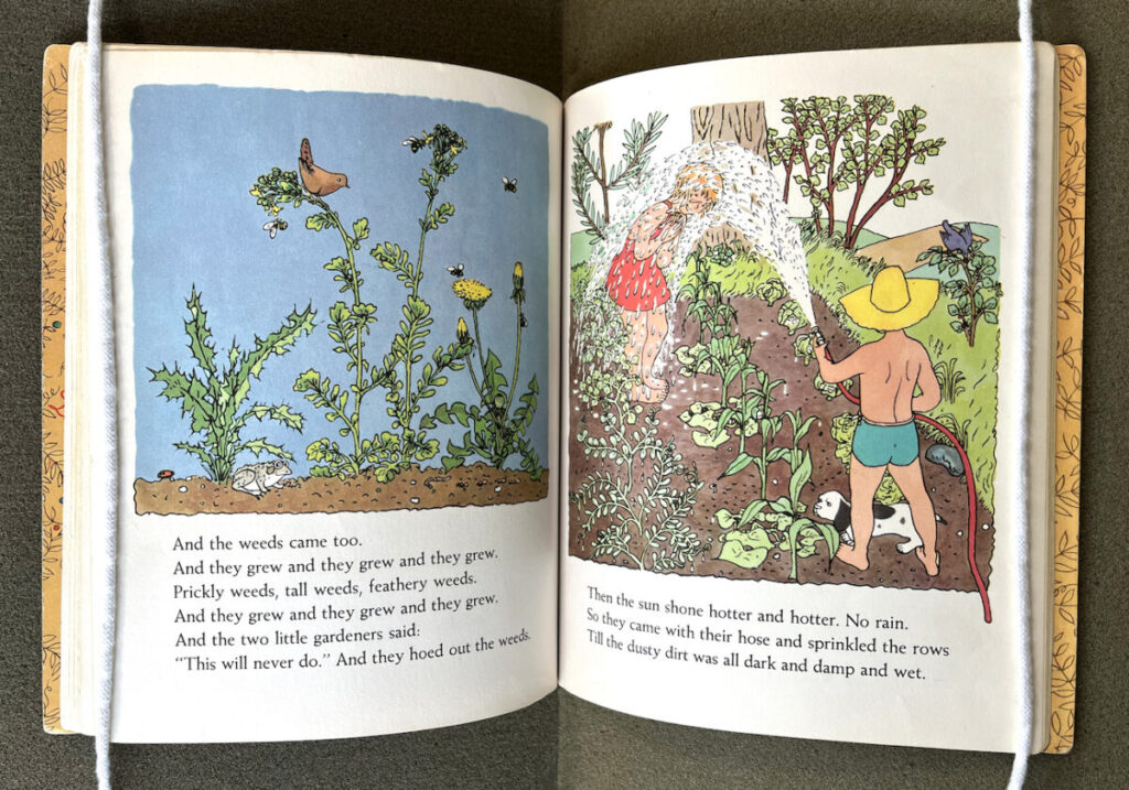 Text and drawings of a garden with two children in it with one spraying the other from a water hose.