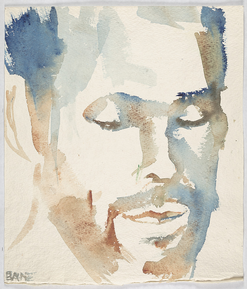 A watercolor portrait of Aaron Coleman. The portrait is a closeup of the author's face with his eyes closed.