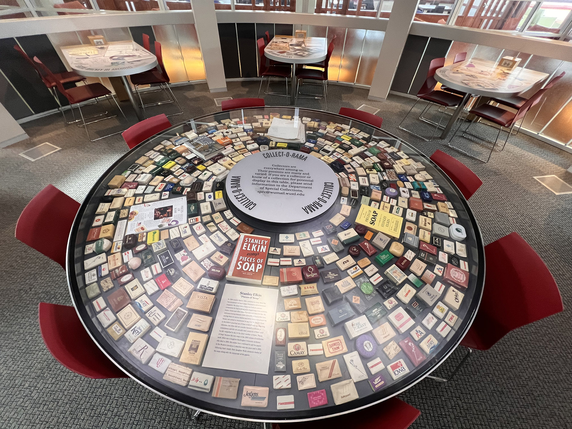 A photo of the Collect-O-Rama Case in Risa's Landing on Level 2 of Olin Library with the Stanley Elkin Pieces of Soap Collection on display.