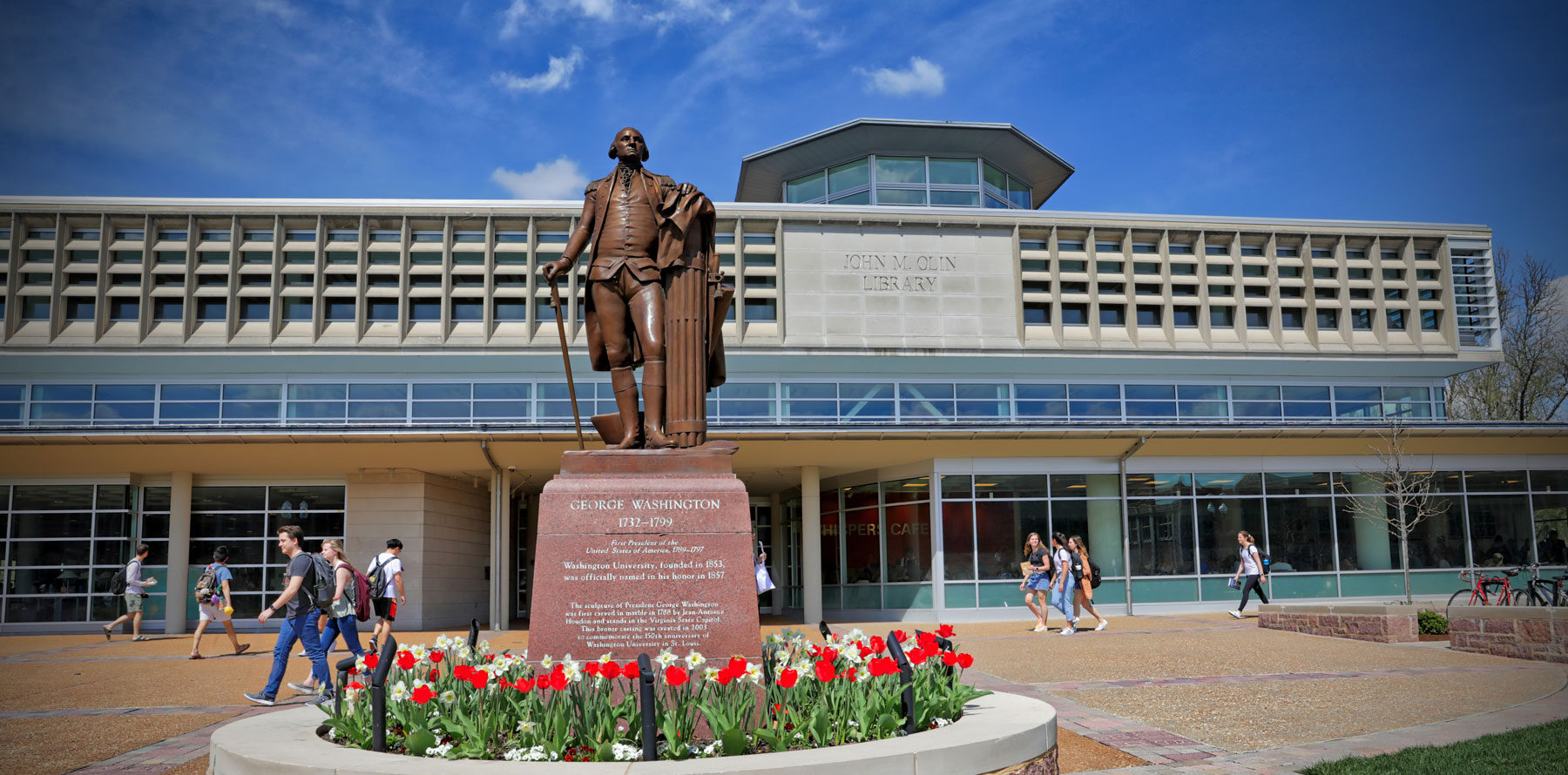 The south entrance of John M. Olin Library in spring