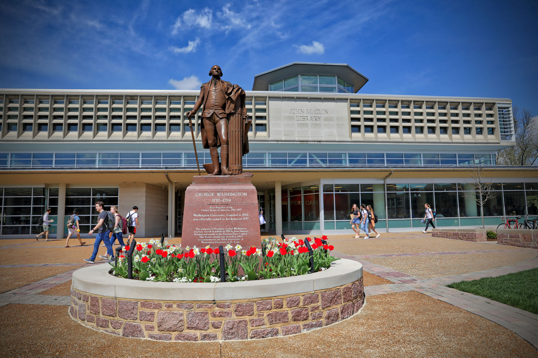 The south entrance of John M. Olin Library in spring