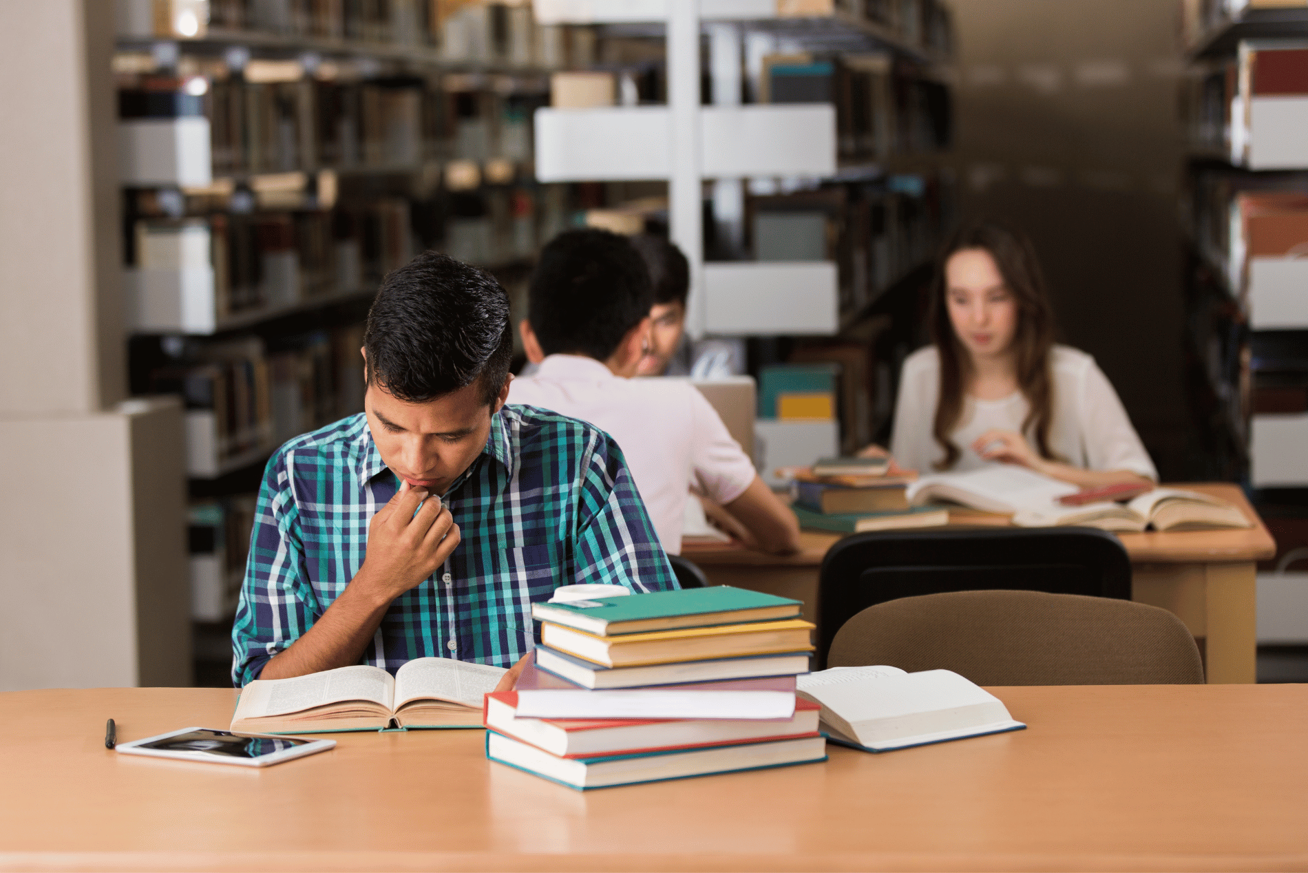 Student reading book in library