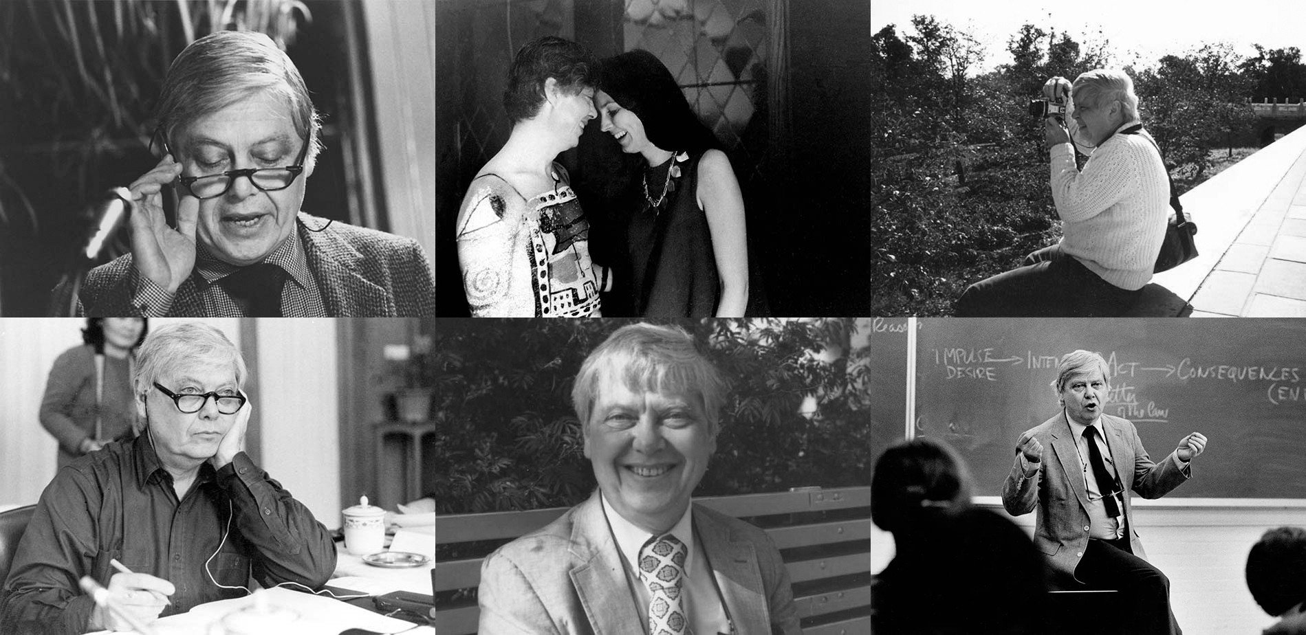 Six photographs of William H. Gass lecturing, on vacation, and with his wife.