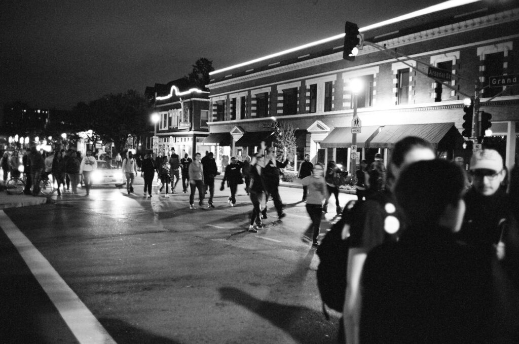 Protestors in a neighborhood