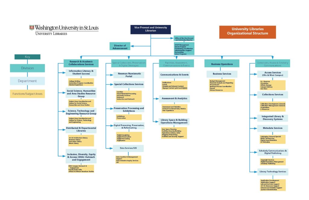 Organizational chart for the WashU Libraries as of September 2024.