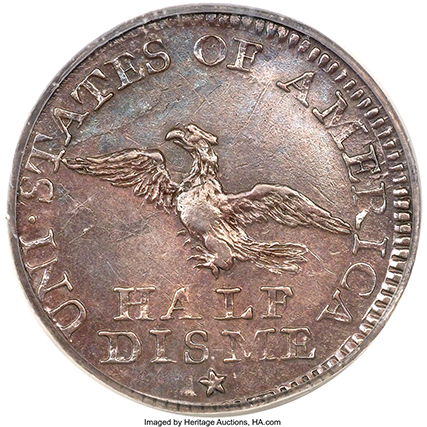 The reverse of a 1792 half disme reads UNI. STATES OF AMERICA and HALF DISME along with an eagle and a star.