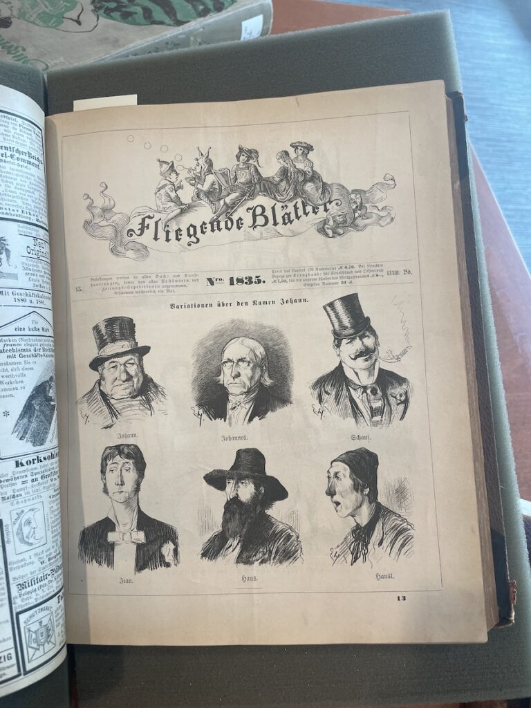 Cover page of an issue of Fliegende Blätter from 1873 with caricatures of different forms of the name Johann.