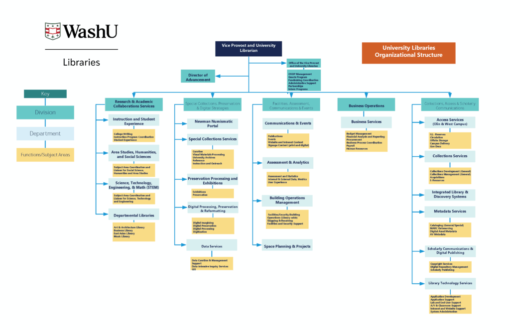Organizational chart for the WashU Libraries as of July 2025.