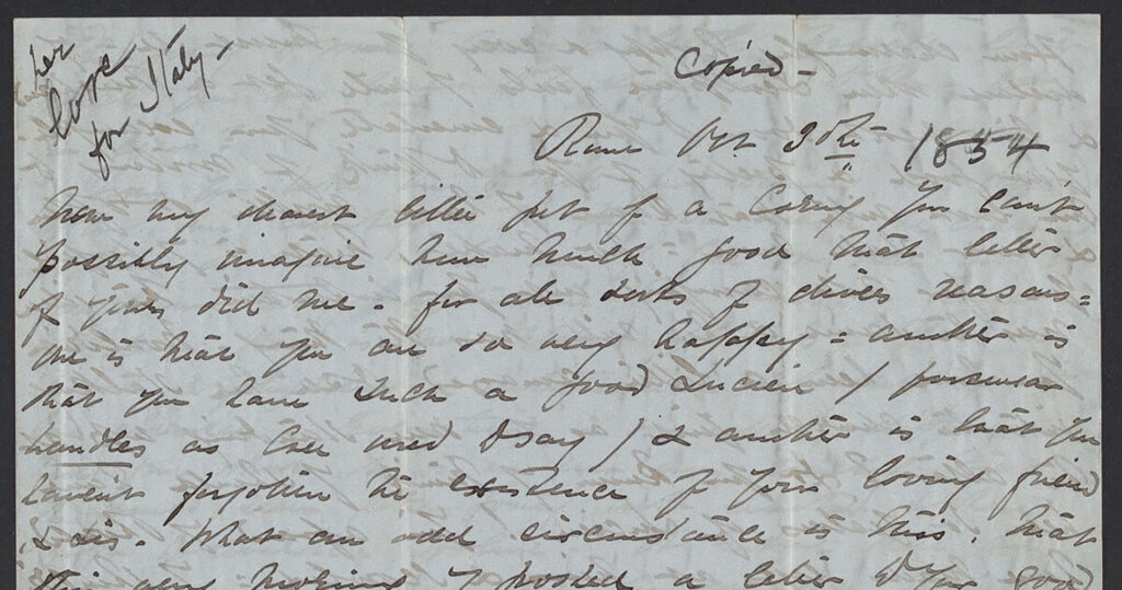 A handwritten love letter with the words "her love for Italy" in the upper-left corner dated 1854. The handwriting is in flowing cursive.