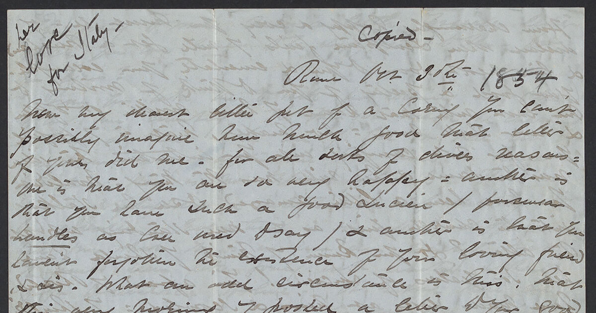 A handwritten love letter with the words "her love for Italy" in the upper-left corner dated 1854. The handwriting is in flowing cursive.