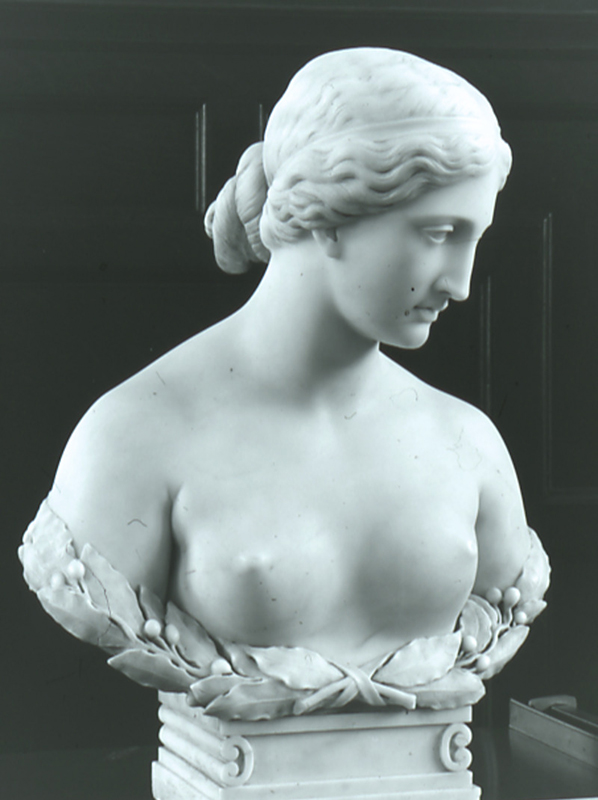 Head and shoulders marble sculpture of a topless woman.