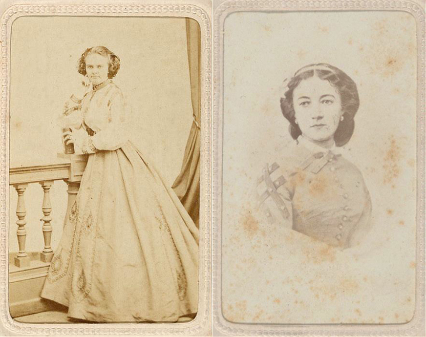 A collage of two separate photographs of women from the 1860s: Harriet Hosmer posed standing in a full gown leaning against a railing with her hair done and a head-and-shoulders seated photo of Cornelia Crow Carr in a button-down top with elaborate sleeves, earrings, and her hair done.
