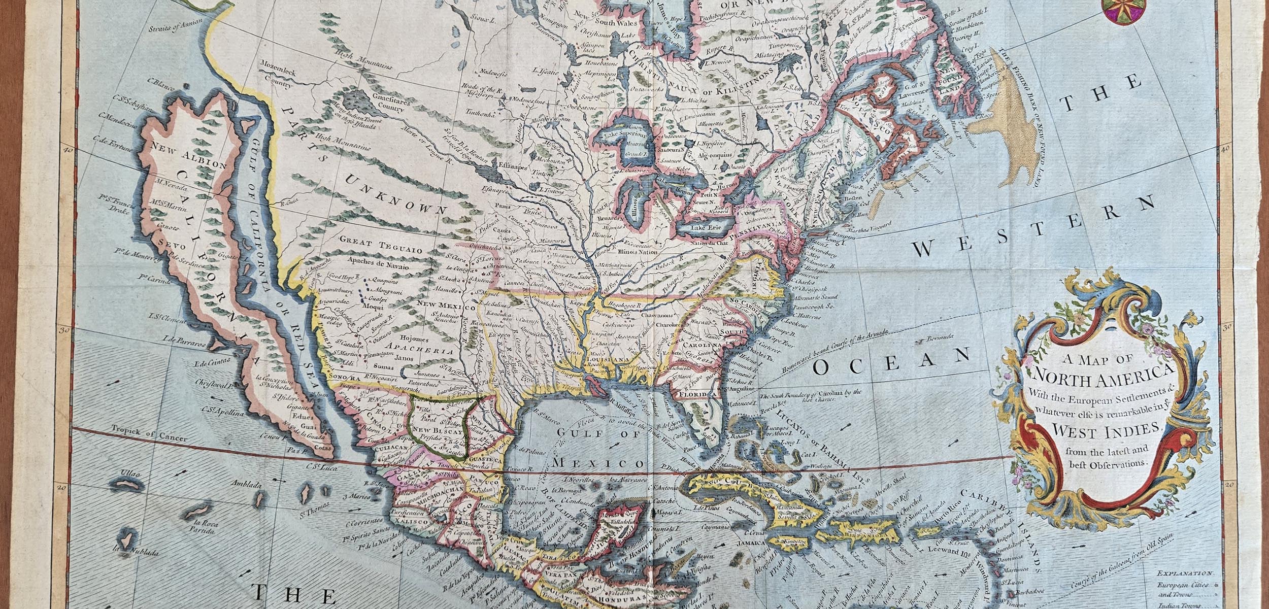 Richard W. Seale A Map of NORTH AMERICA from 1745. The map shows a general outline of North America, but shows "Gulf of California or Red Sea" separating California from the mainland. A key on the map reads: A map of North America with the European Settlements & whatever else is remarkable in the West Indies from the latest and best observations.