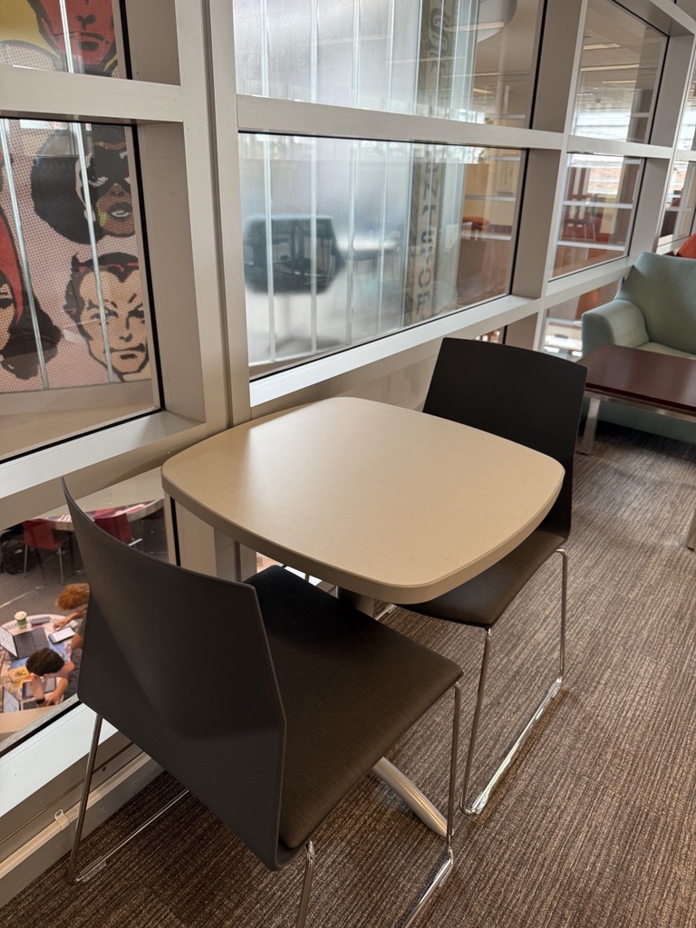 Two chair table near the Newman Tower, Level 2, Olin Library