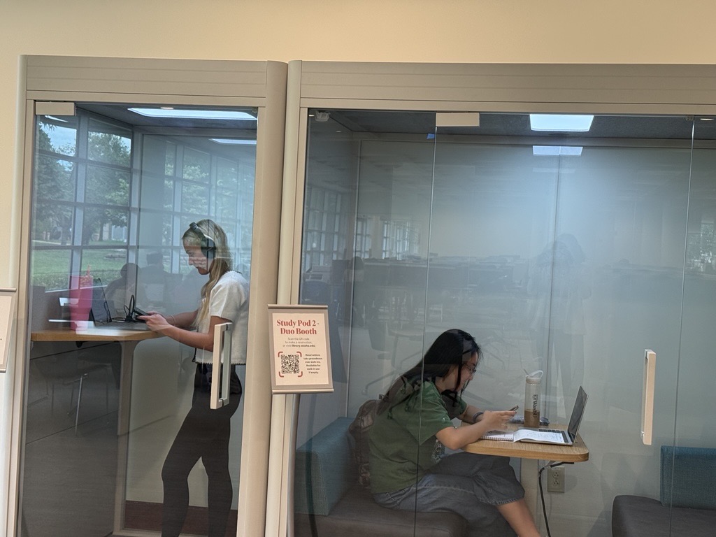 Students in study pods, Level 1 Olin Library