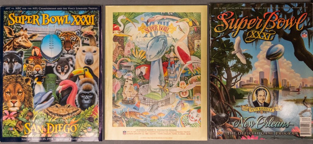 NFL Superbowl XXXII, San Diego, January 25, 1998; NFL Superbowl XVIII, Tampa, January 22, 1984; NFL Superbowl XXXL, New Orleans, January 26, 1997