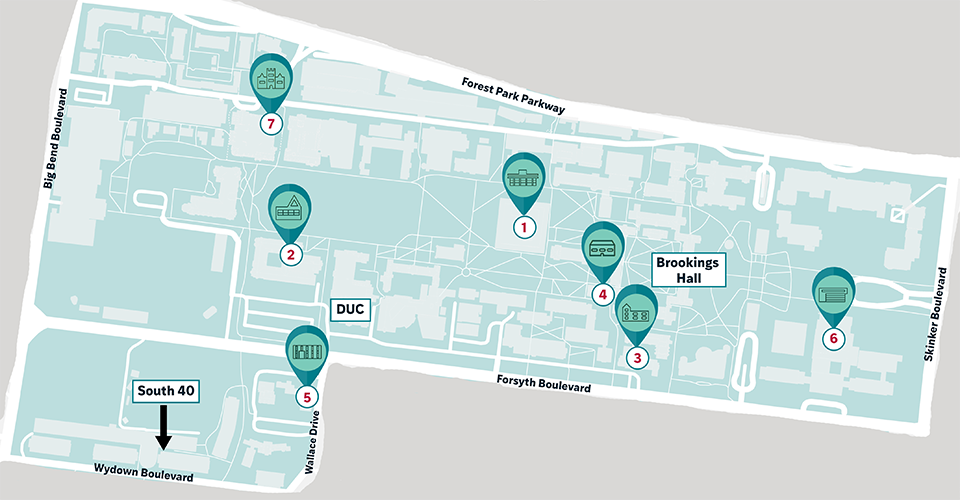 A map of the Washington University Libraries with the seven Danforth Campus Libraries highlighted.