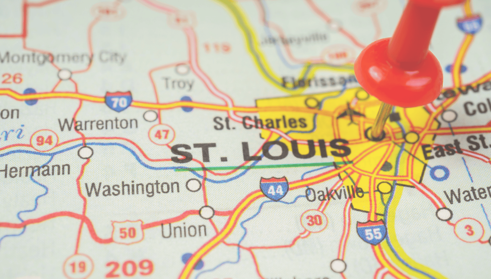 Map of St. Louis area with pin in St. Louis city